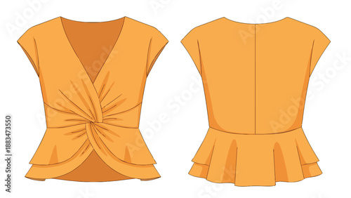 Technical flat drawing of apricot women's top. V-neck cap sleeves front knot detail. Layered peplum hem. Essential fashion design pattern making.