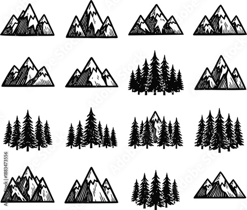 Set of 16 hand drawn mountain and forest icons, nature landscape elements for logo or badge design