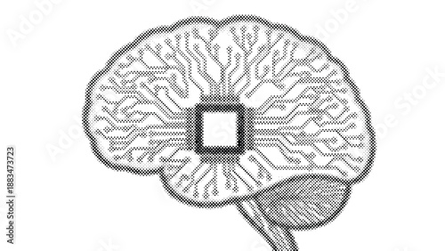Halftone illustration of a brain with a microchip on a white background
