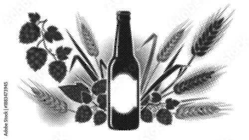 black and white illustration of beer bottle with hops and wheat  alcohol beverage symbol