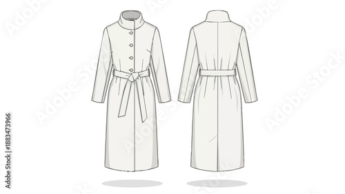Technical fashion illustration of a women's elegant long-sleeved trench coat design with a tie-belt, front and back view, ideal for garment