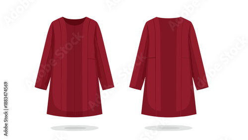 Front and back views of a plain deep red long-sleeved tunic dress garment illustration on white background for fashion design and apparel catalogs
