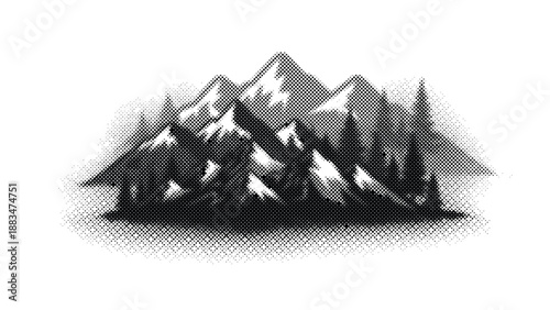 halftone illustration of snowy mountain range with trees
