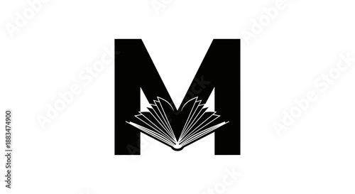 Monogram M with open book symbol for education and knowledge.