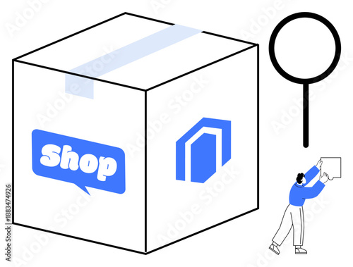 E-commerce packaging. E-commerce box with related icons packaging, shipping, and delivery logistics. E-commerce features supply chain, warehouse storage, and online shopping solutions