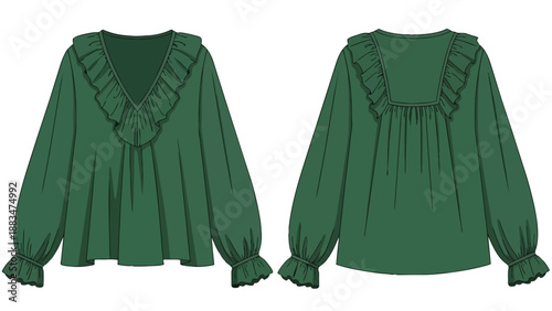 Elegant emerald green blouse flat lay featuring delicate ruffled trim and voluminous sleeves a sophisticated garment for modern fashion apparel
