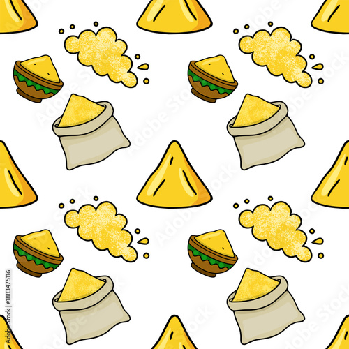 Seamless vector pattern of cartoon corn kernels and sacks, yellow food illustration