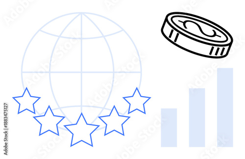 Global finance concept. Global finance with a coin, bar graph, and stars to growth and quality. Global finance for economic success, investment, and development. Broadly used for business growth