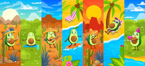 Cartoon cheerful Mexican avocado vector characters playing guitar and trumpet, relaxing on a deckchair and holding a cake, dancing with maracas, meditating, surfing and celebrating avocado birthday