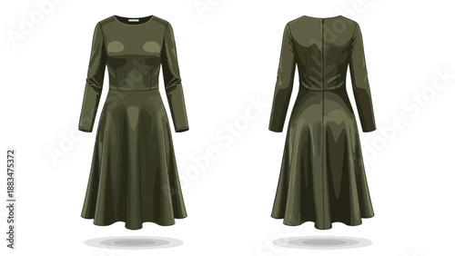 Elegant long-sleeved midi dress in a sophisticated olive green hue showcasing both front and back views for versatile fashion design and apparel