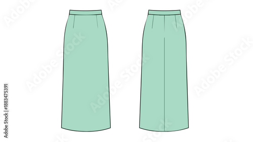 Technical flat sketch of a long women's skirt in mint green, showing front and back views, with waist darts. Ideal for fashion design. An apparel