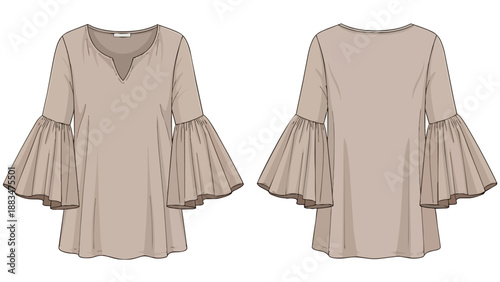 Technical flat drawing of a fashionable women's tunic top, showcasing distinctive gathered bell sleeves and a graceful v-neckline, essential for