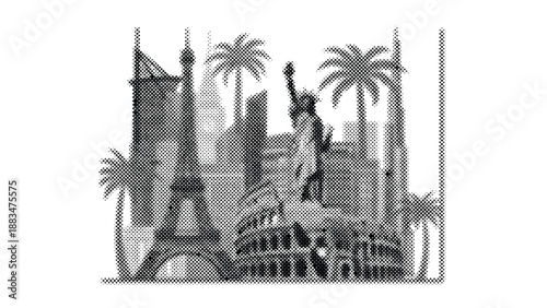 statue of liberty and famous landmarks with palm trees in a halftone illustration style