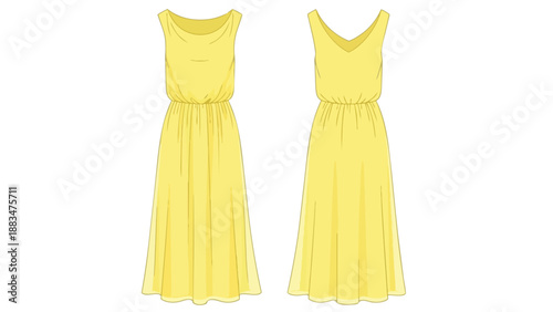 Detailed vector flat sketch of a cheerful yellow sleeveless maxi dress, presenting front and back views. Ideal for fashion design and apparel