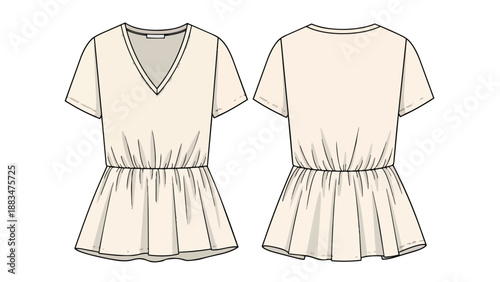 A precise fashion flat illustration showcasing a modern women's short-sleeved V-neck top with an elegant gathered peplum waist design perfect for
