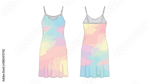 Illustrative technical flat sketch of a women's camisole slip dress displaying a vibrant pastel watercolor abstract pattern front and back for