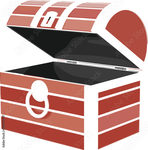 Open treasure chest with curved lid, red wood slats, metal handle, pirate adventure theme, empty interior, fantasy mystery illustration