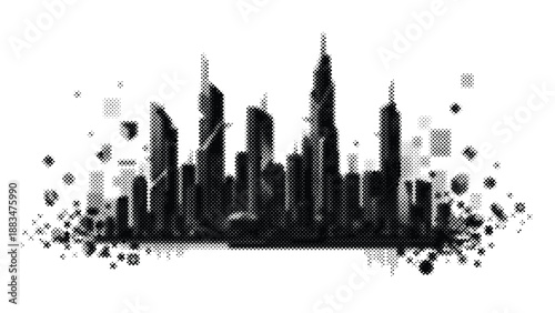 Halftone cityscape with skyscrapers and buildings in black tones on white background
