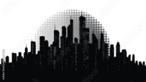 City skyline silhouette with halftone effect on white background  urban landscape