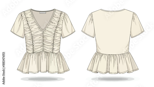 Elegant Cream Peplum Blouse Technical Flat Sketch: Front and Back Views of a Ruched V-Neck Top.