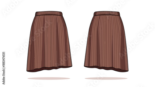 Elegant pleated brown midi skirts displayed from front and back view minimalist fashion apparel design