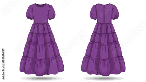 Vibrant purple tiered maxi dress illustration featuring puff sleeves. Detailed vector artwork showcases front and back views for fashion design and