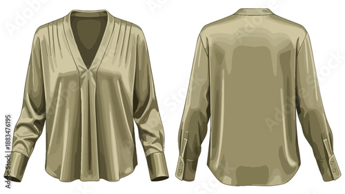 Elegant casual women's long-sleeve blouse with front pleats fashion flat vector illustration in a neutral tone