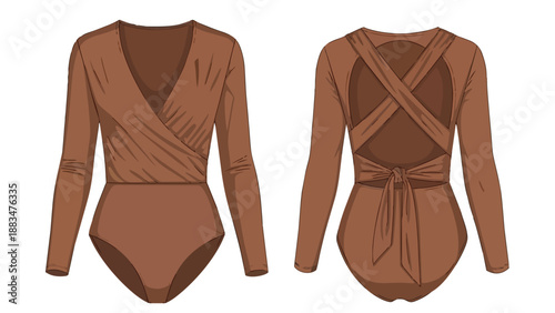 Elegant long-sleeve women's bodysuit in rich brown with stylish wrap front and alluring crisscross open back design