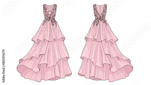 Elegant pink tiered gown design front and back detailed fashion illustration formal evening dress cascading ruffles ideal for grand galas and