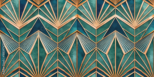 Intricate geometric pattern featuring teal and copper tones, perfect for modern decor.