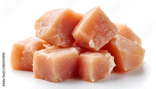 Raw diced chicken fillet isolated on white background with full depth of field.