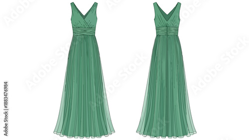 Elegant sleeveless V-neck floor-length emerald green formal gown featuring intricate bodice ruching and flowing pleated skirt design ideal for grand