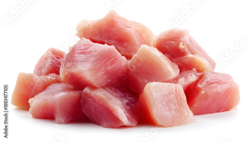 Raw diced chicken fillet isolated on white background with full depth of field.