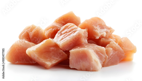 Raw diced chicken fillet isolated on white background with full depth of field.