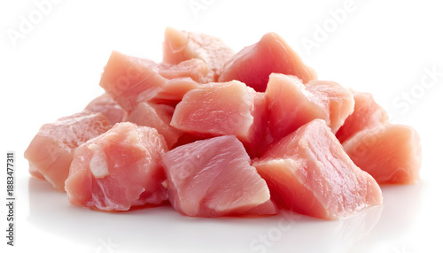 Raw diced chicken fillet isolated on white background with full depth of field.