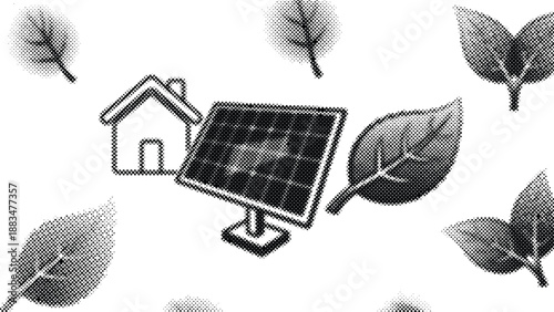 Solar panel and house with leaves for eco friendly energy concept