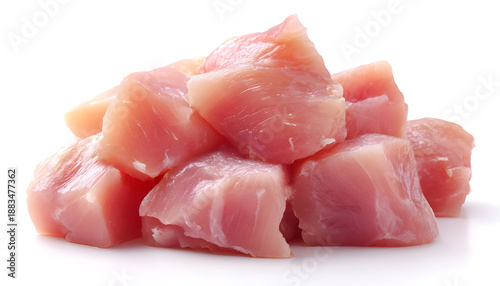 Raw diced chicken fillet isolated on white background with full depth of field.