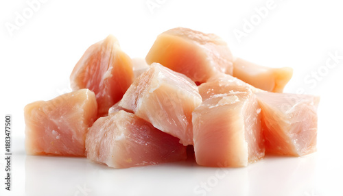 Raw diced chicken fillet isolated on white background with full depth of field.