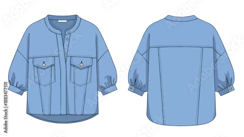 Fashion flat technical sketch of a light blue denim-style oversized shirt featuring a band collar, voluminous sleeves, and prominent chest pockets