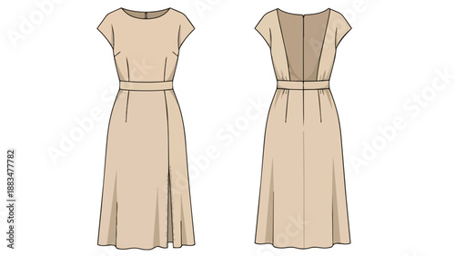 Elegant Cap Sleeve Midi Dress Technical Flat Sketch with V-Back. This professional drawing is essential for garment construction, pattern drafting,