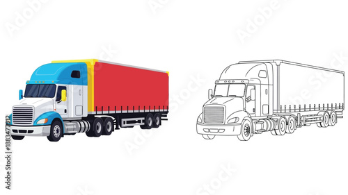 a colorful and black and white illustration of a large semi truck with a trailer