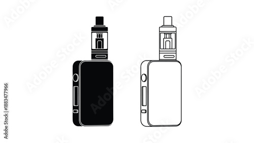 a detailed black and white line drawing of two electronic cigarettes or vapes