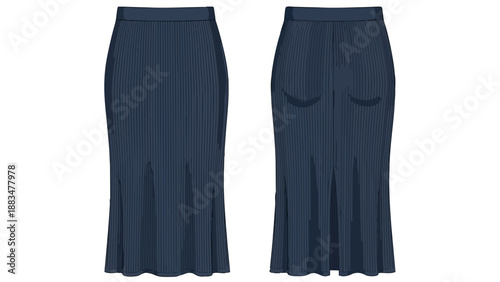 Elegant navy blue pleated midi skirt technical flat sketch design template showcasing front and back views for fashion apparel