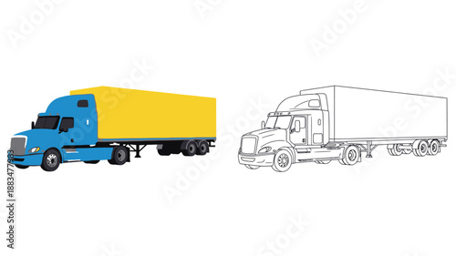 a blue semi truck with yellow trailer and its black and white outline illustration