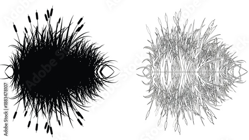 a black and gray abstract illustration of textured spiky orbs side by side