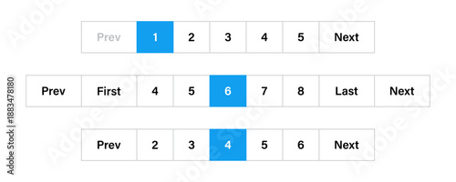 Website pagination controls set with blue highlight for active page. Horizontal navigation bars for web page. Set of website pagination bars for user interface design navigation. website navigation.