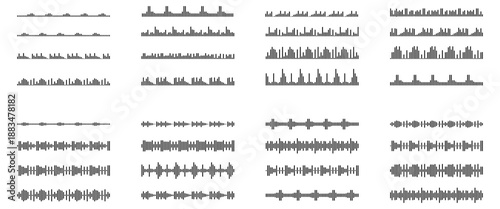 Collection of black digital audio visualizer elements. music wave, frequency, voice, audio, sound. dynamic pulse, radio. Set of black vector sound waves.