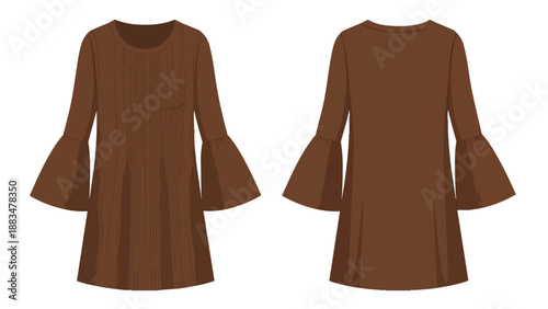 Stylish dark brown tunic dress featuring graceful bell sleeves and refined front detailing, presenting a chic and adaptable garment suitable for