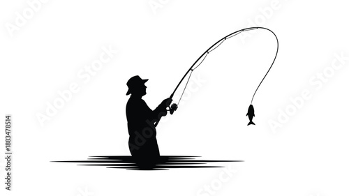 a silhouetted man casting a fishing rod with a fish on the line