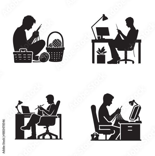 Person knitting and working on computer, creative hobby and productivity